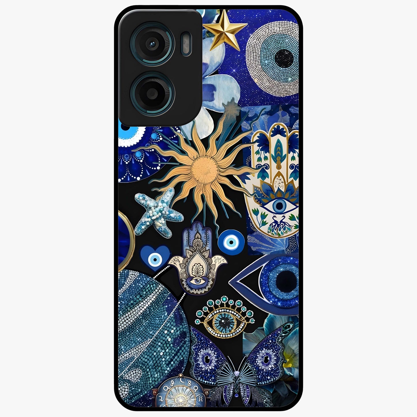 Evil Eye Charm Mix Glass Case showing flat back view with multiple evil eye charms artwork and glossy glass finish.