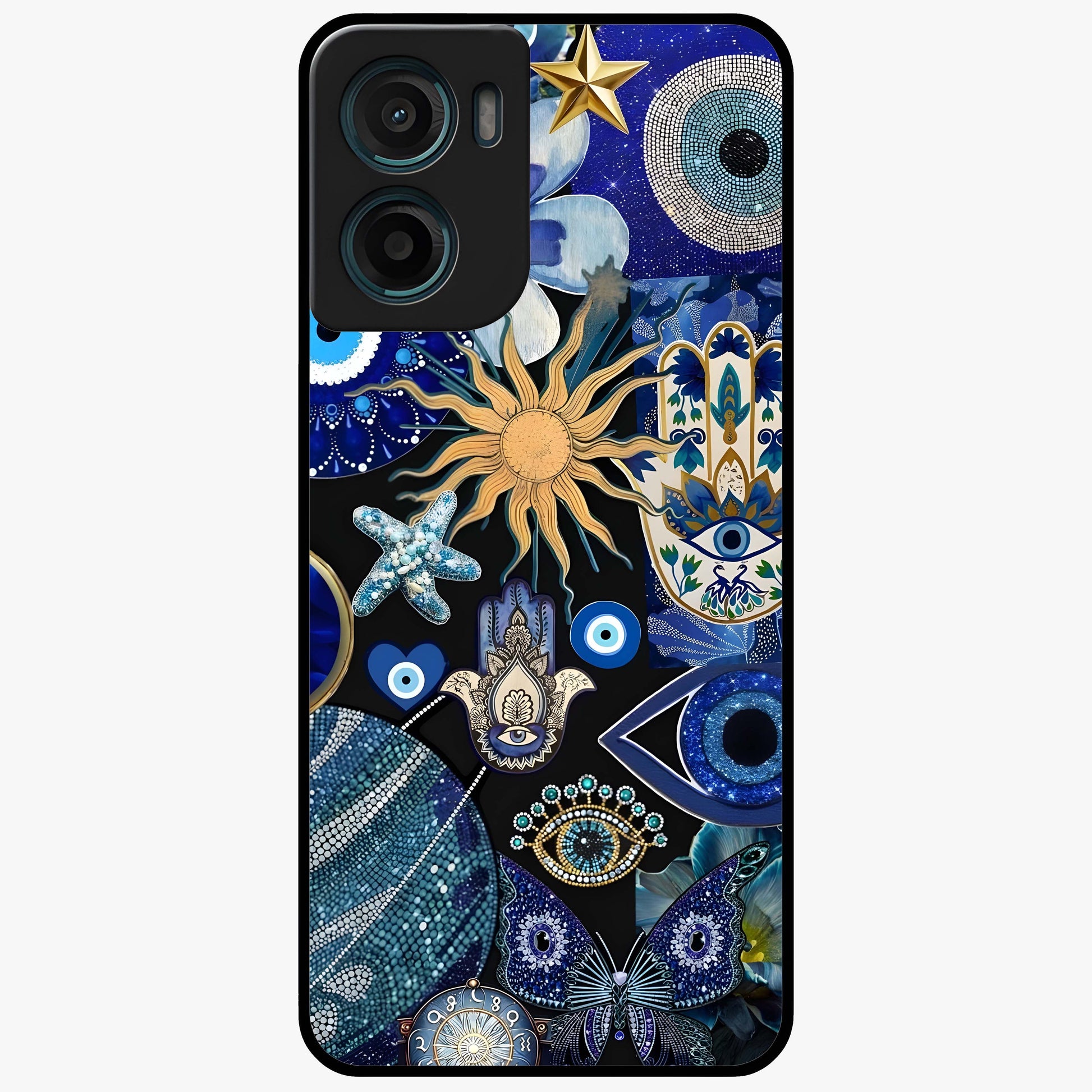 Evil Eye Charm Mix Glass Case showing flat back view with multiple evil eye charms artwork and glossy glass finish.