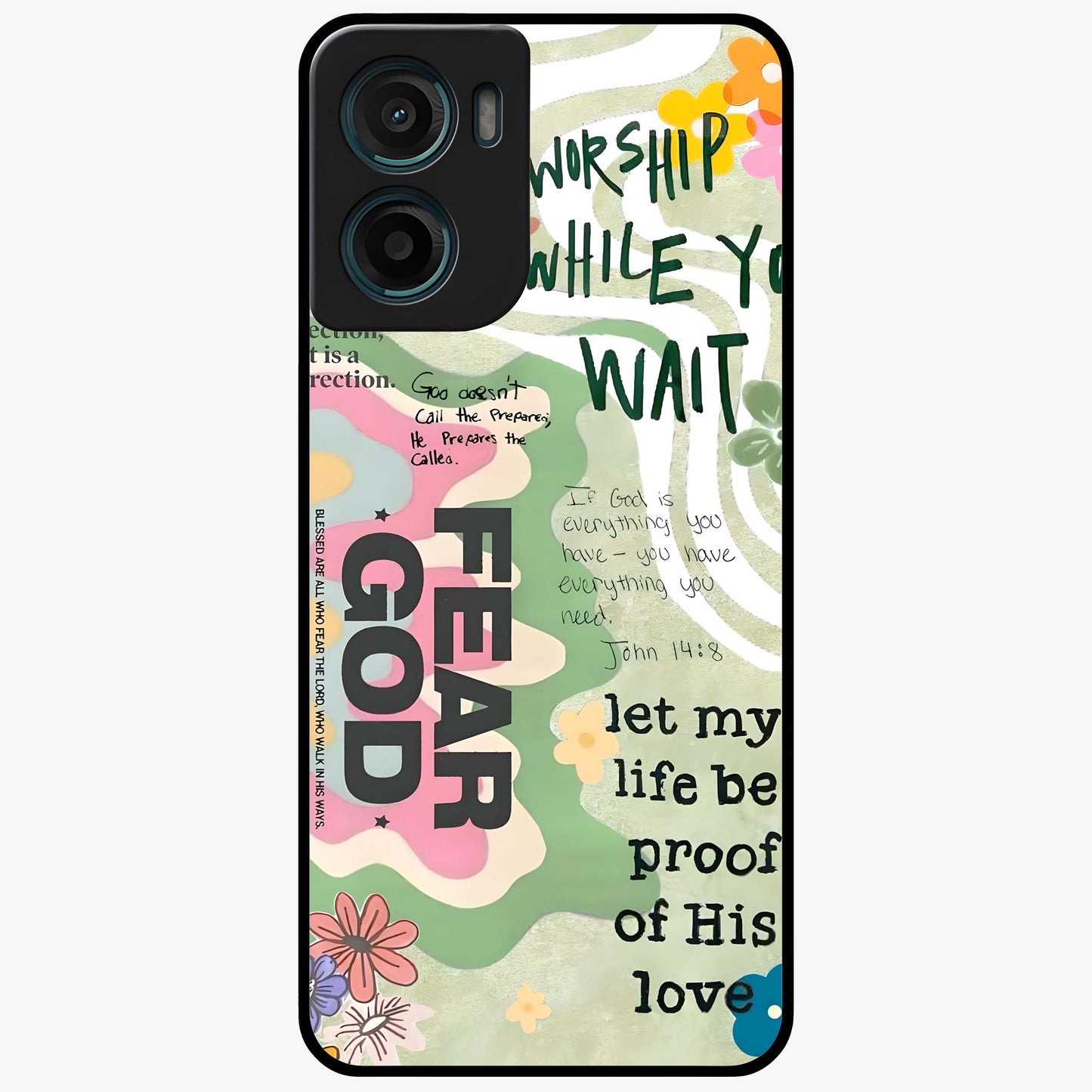 Faith Over Fear Glass Case showing flat back view with motivational typography artwork and glossy glass finish.