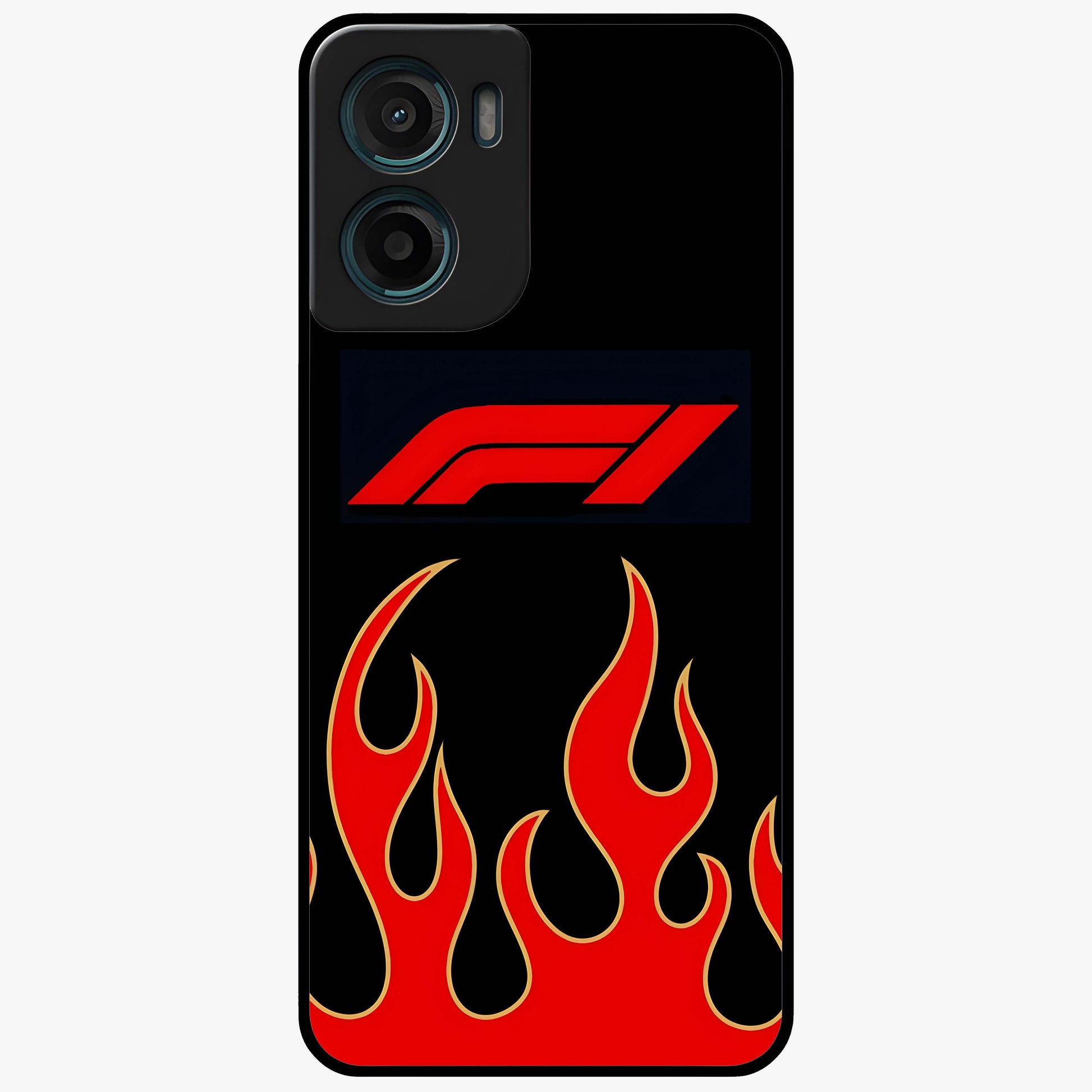 Fire F11 Glass Case showing flat back view with fiery themed artwork and glossy glass finish.