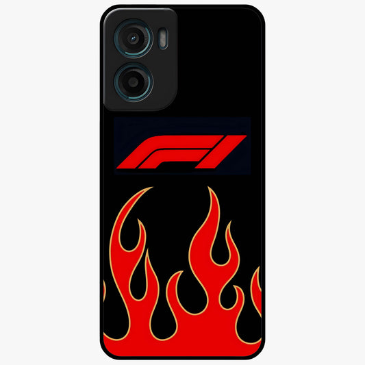 Fire F11 Glass Case showing flat back view with fiery themed artwork and glossy glass finish.