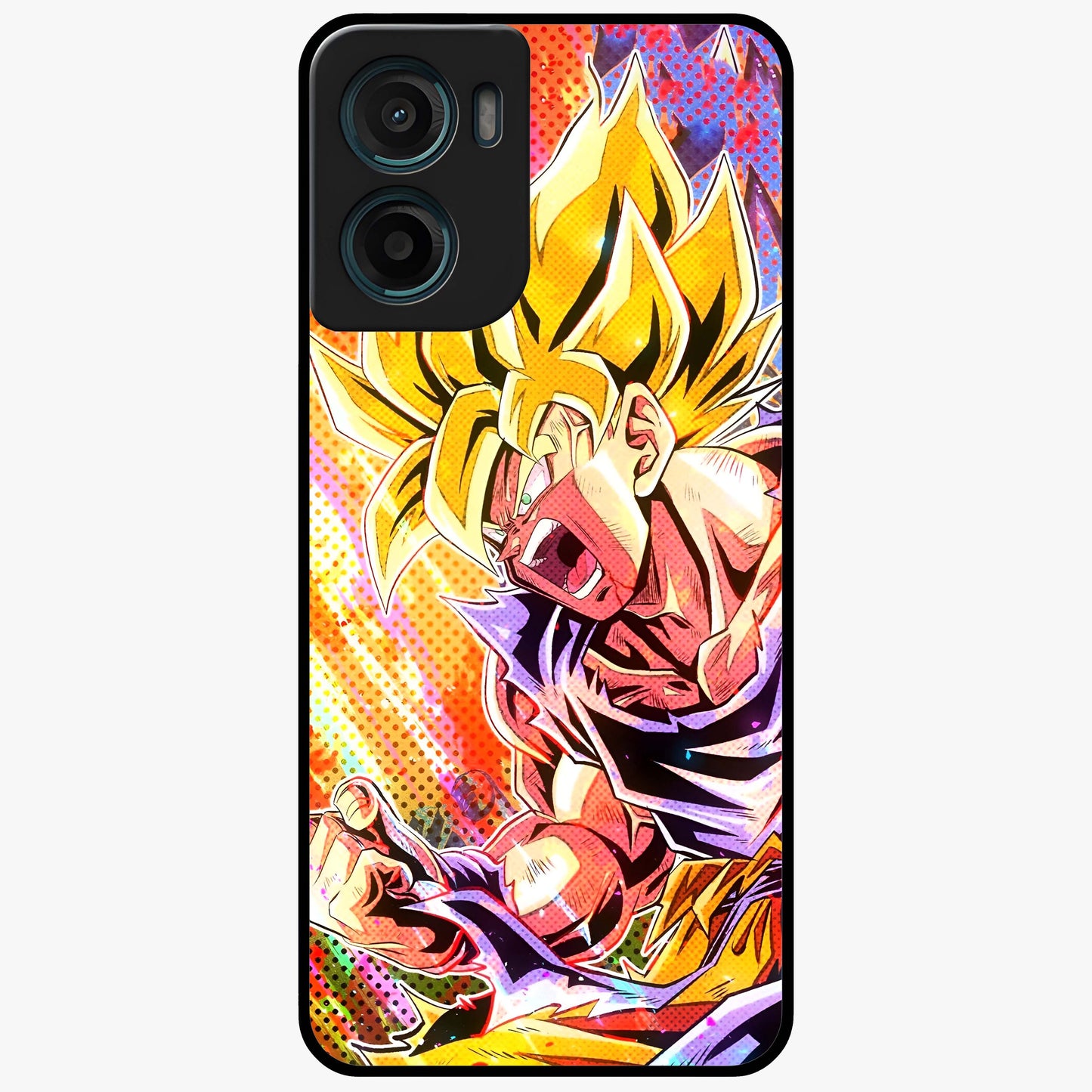 Firing Goku Glass Case showing flat back view with powerful anime inspired artwork and glossy glass finish.