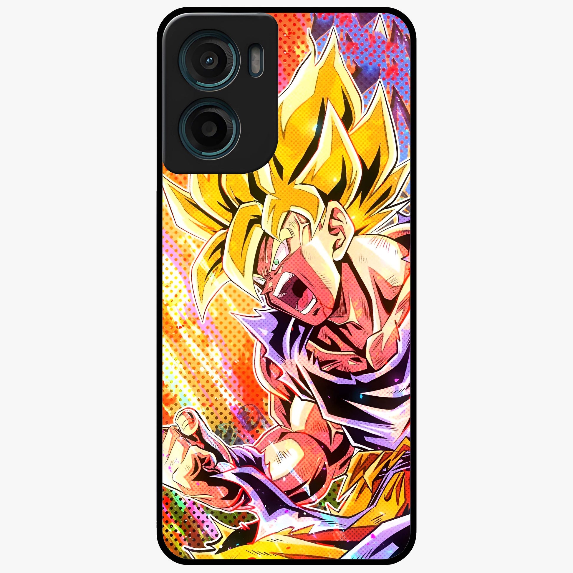 Firing Goku Glass Case showing flat back view with powerful anime inspired artwork and glossy glass finish.