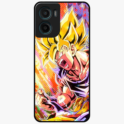 Firing Goku Glass Case showing flat back view with powerful anime inspired artwork and glossy glass finish.