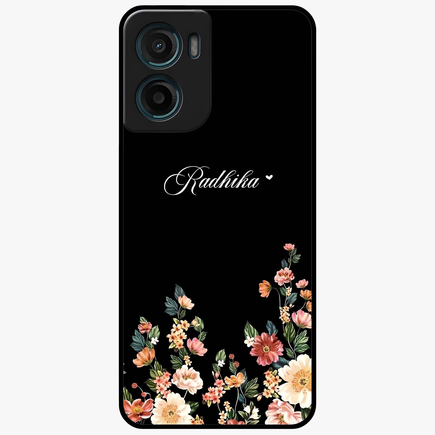 Floral Design With a Custom Personalized Name Glass Case showing flat back view with floral artwork and personalized name design.