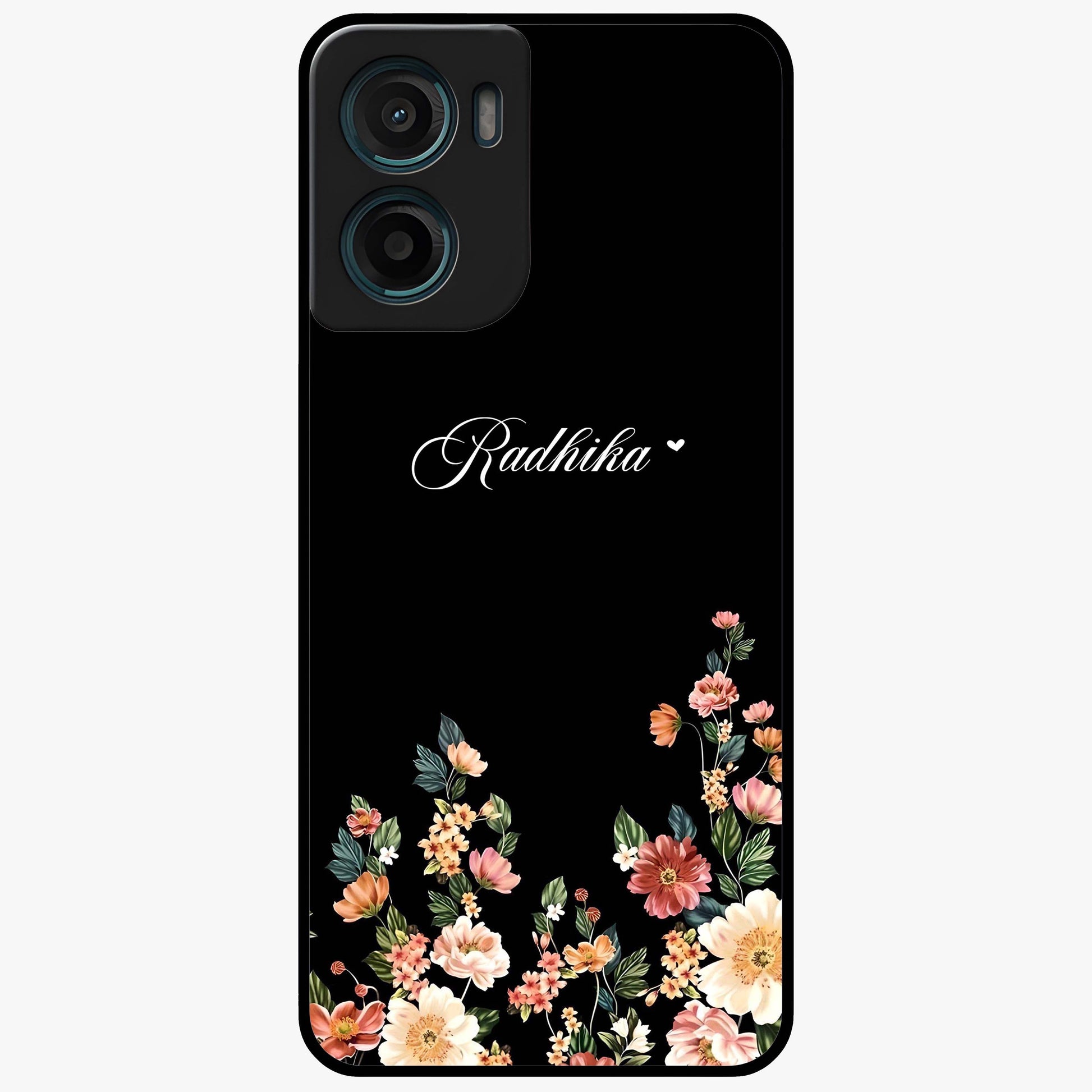 Floral Design With a Custom Personalized Name Glass Case showing flat back view with floral artwork and personalized name design.