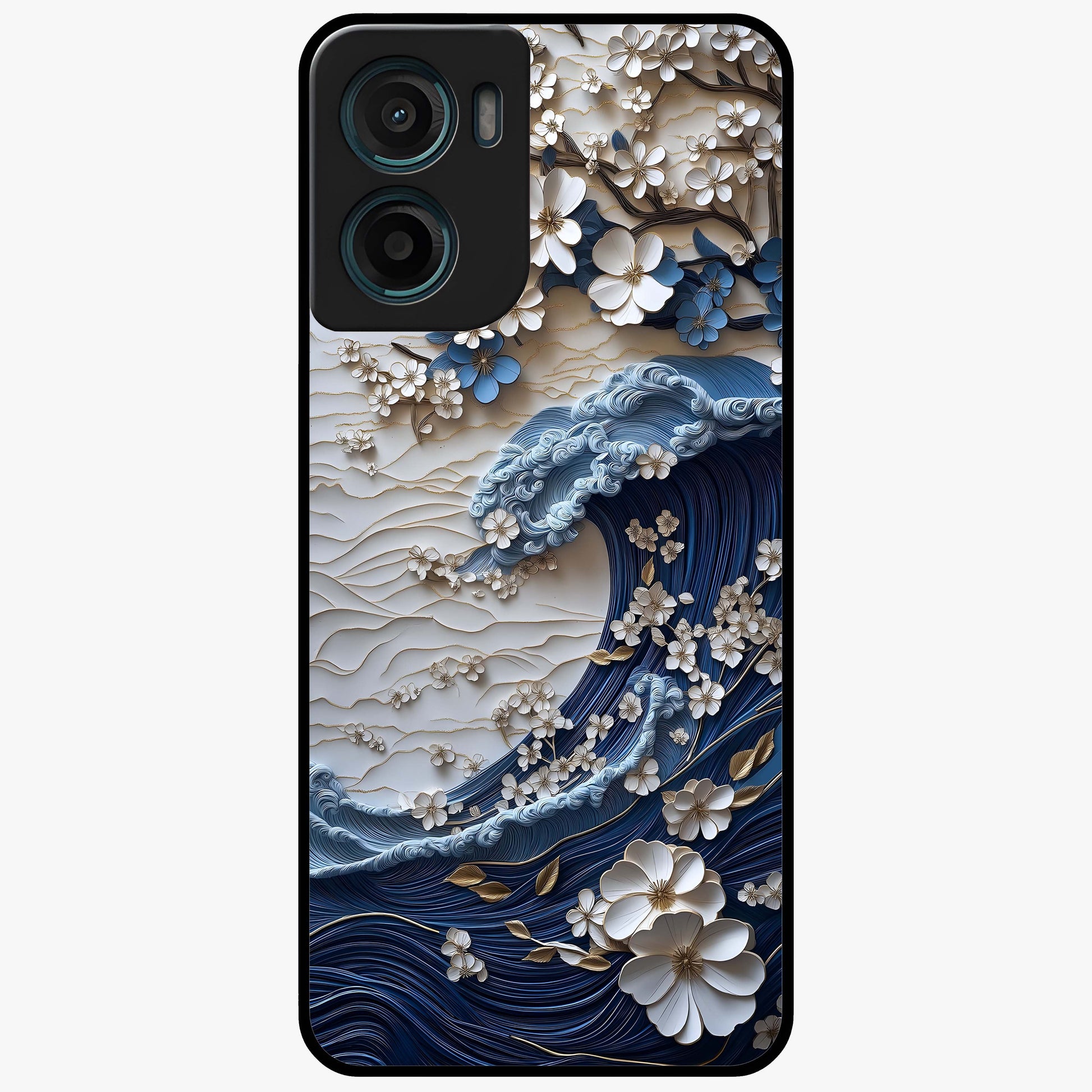 Floral Wave Origami Glass Case showing flat back view with origami inspired floral wave artwork and glossy glass finish.