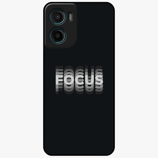 Focus Mode On Glass Case showing flat back view with bold motivational typography design and glossy glass finish.