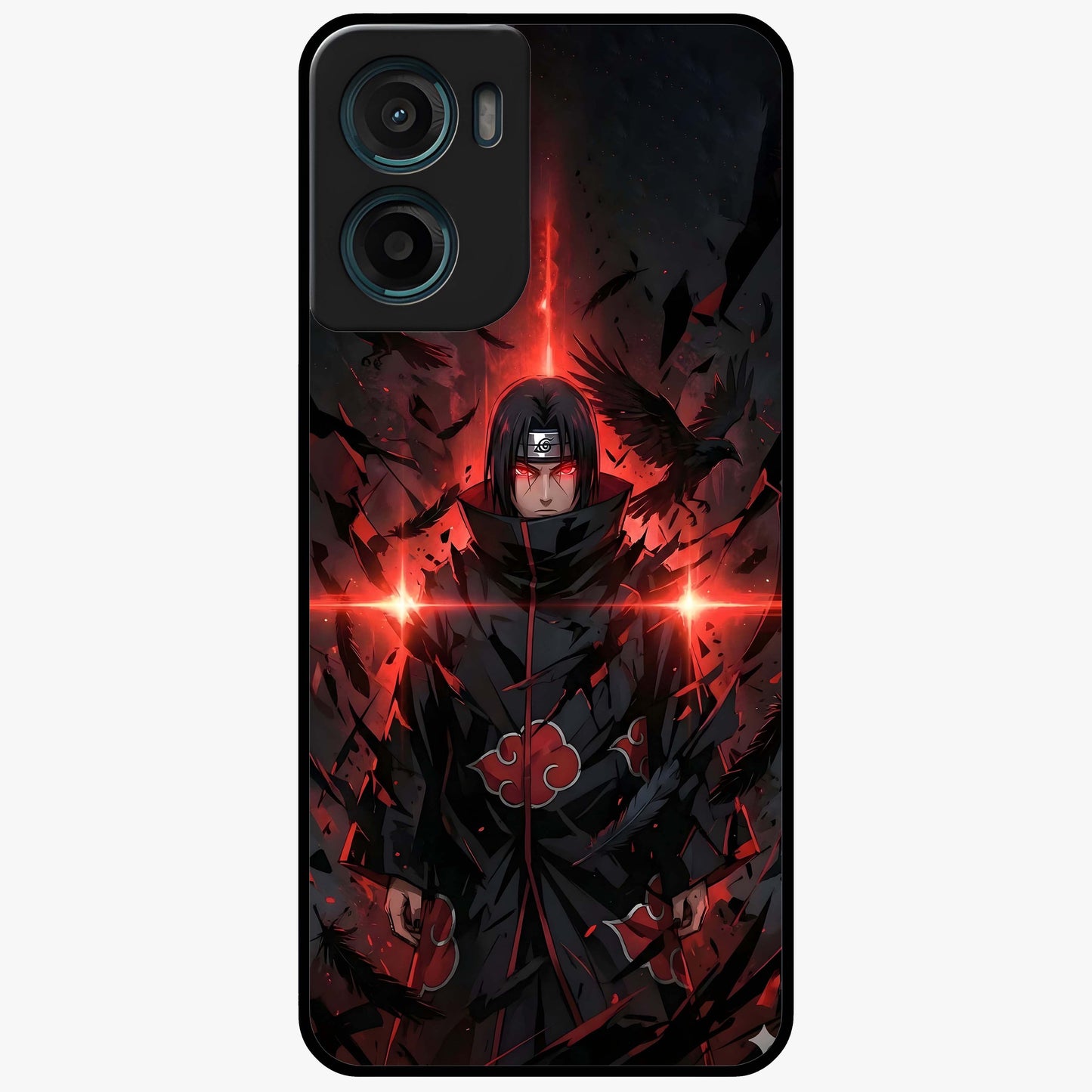 Focused Blade Discipline Glass Case showing flat back view with warrior sword themed artwork and glossy glass finish.
