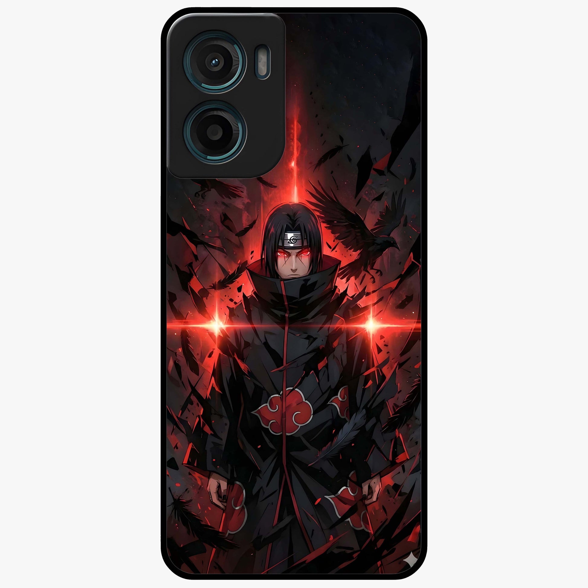 Focused Blade Discipline Glass Case showing flat back view with warrior sword themed artwork and glossy glass finish.