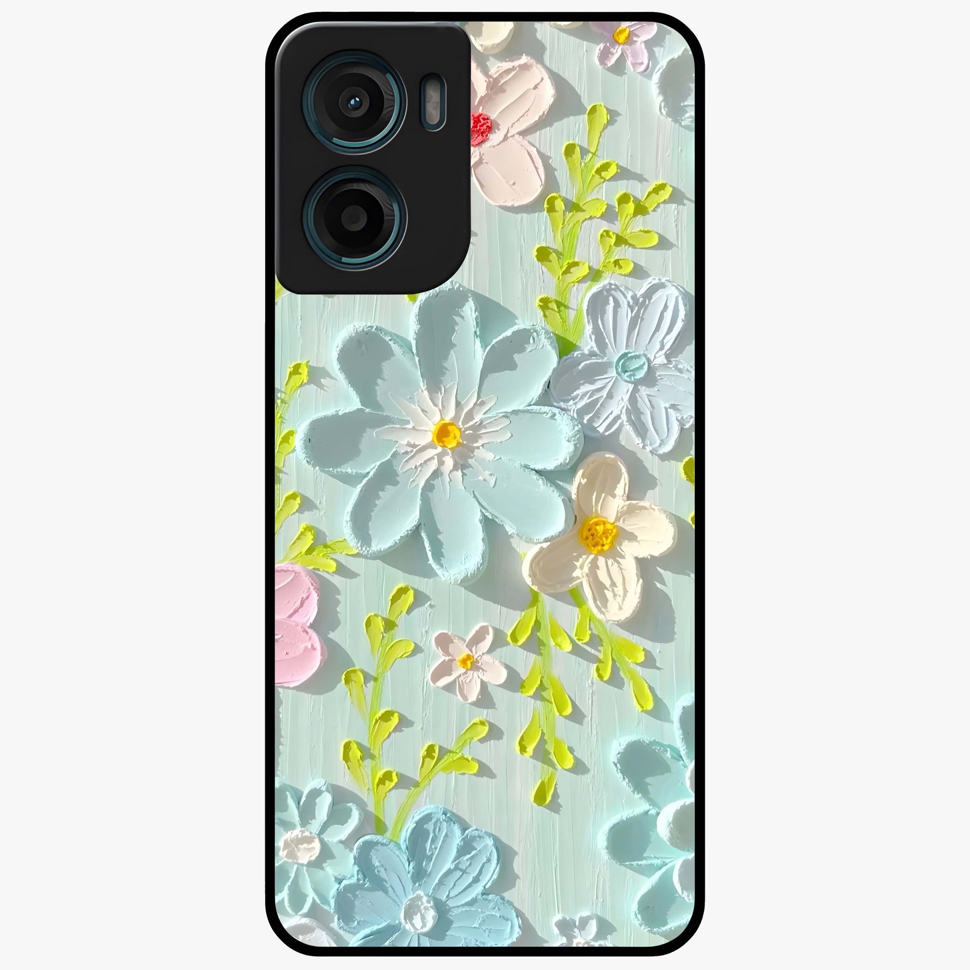 Frosted Petal Garden Glass Case showing flat back view with soft frosted floral artwork and glossy glass finish.