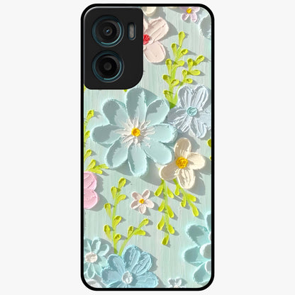 Frosted Petal Garden Glass Case showing flat back view with soft frosted floral artwork and glossy glass finish.