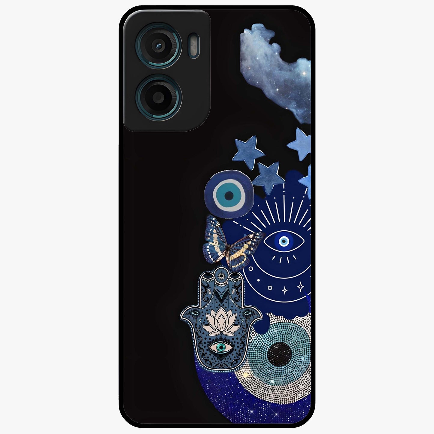 Galactic Charm Cluster Glass Case showing flat back view with glowing celestial charm artwork and glossy glass finish.