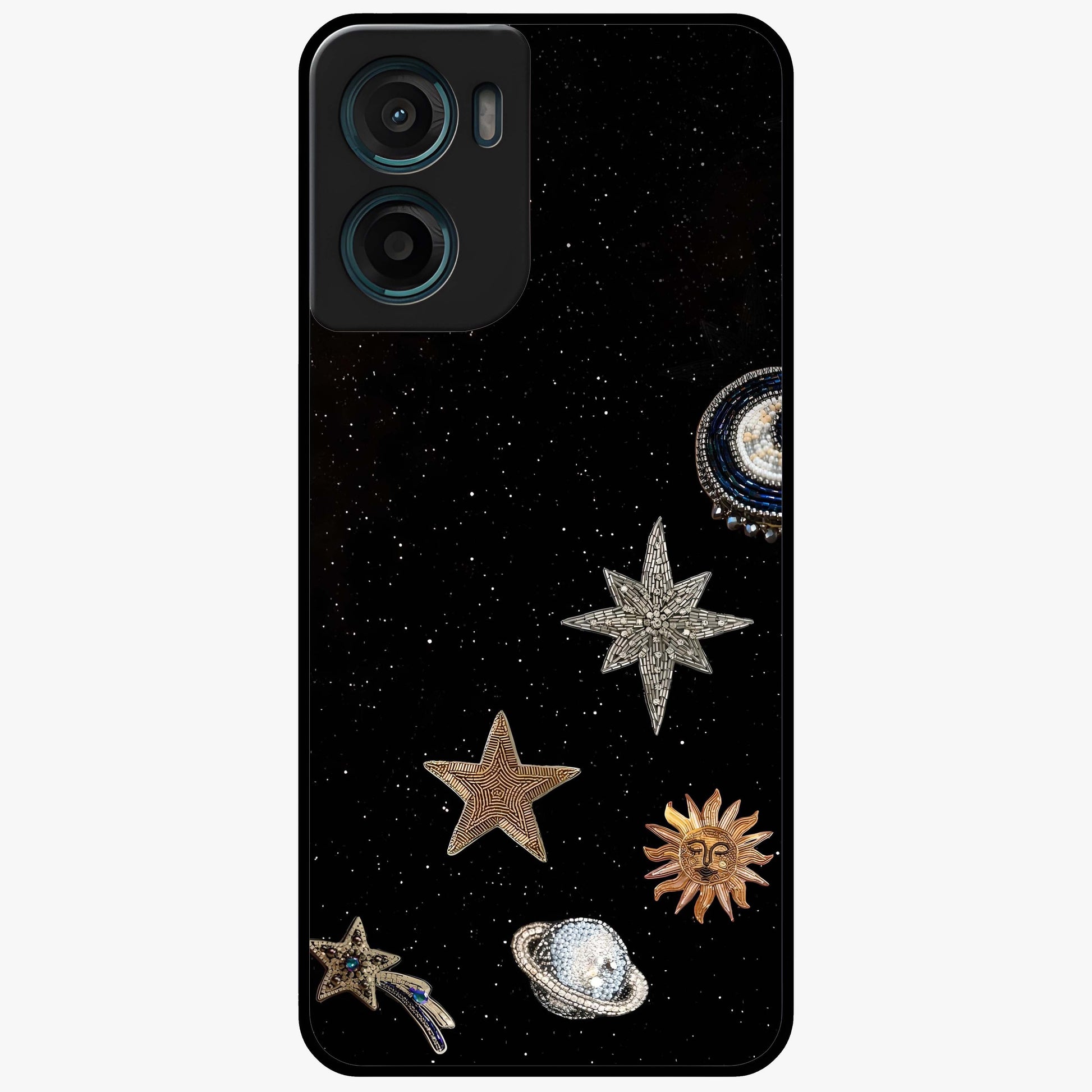 Galactic Charm Glow Glass Case showing flat back view with glowing celestial charm artwork and glossy glass finish.