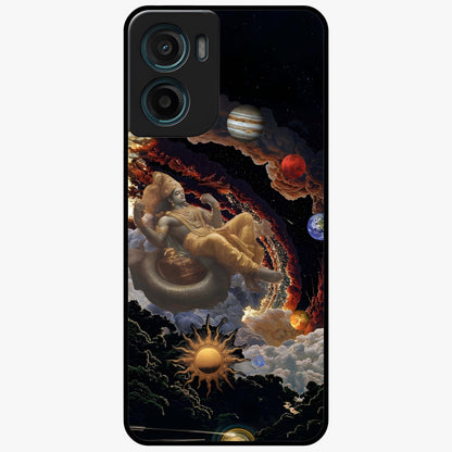 Galactic Divine God Glass Case showing flat back view with divine cosmic themed artwork and glossy glass finish.