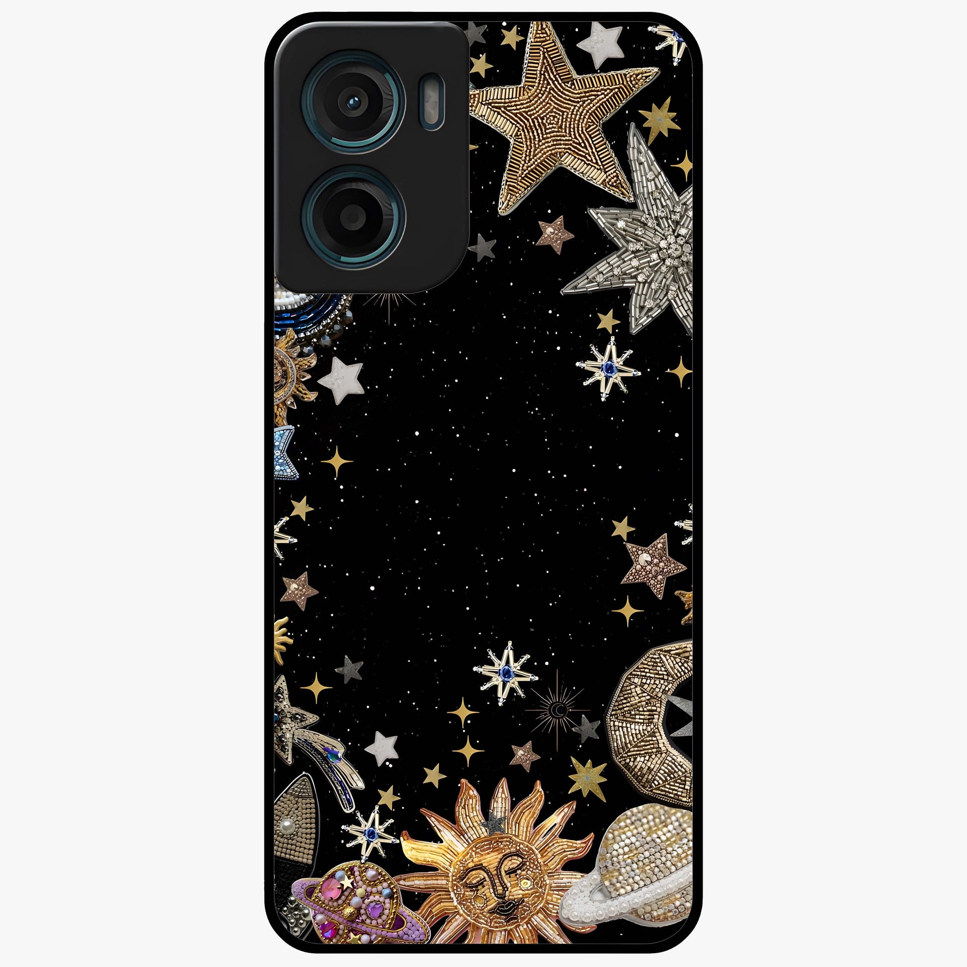 Galactic Jewel Stars Glass Case showing flat back view with sparkling star jewel artwork and glossy glass finish.