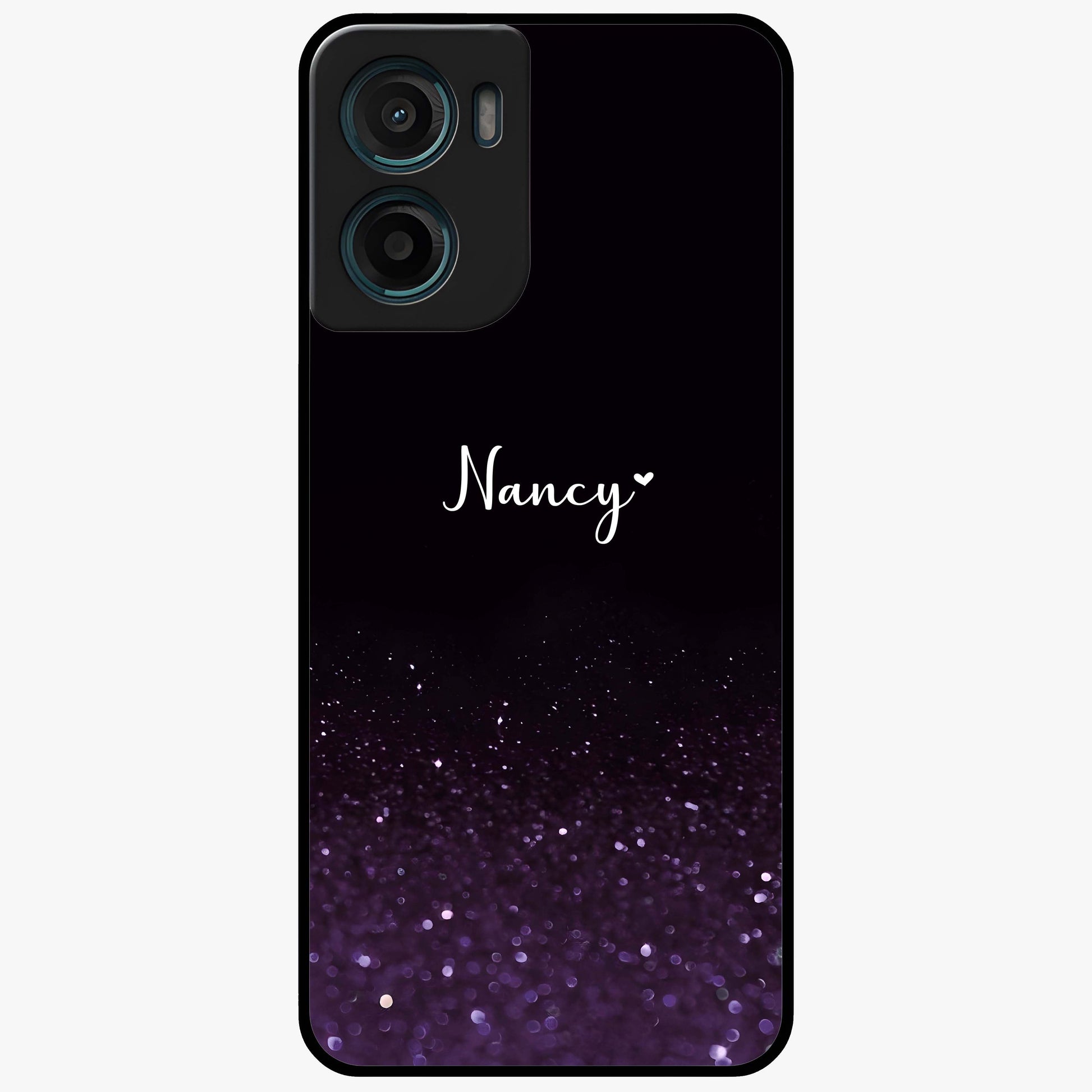 Glittery Purple Bokeh Custom Name Glass Case showing flat back view with purple bokeh sparkle artwork and personalized name design.
