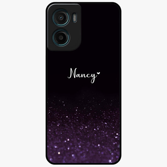 Glittery Purple Bokeh Custom Name Glass Case showing flat back view with purple bokeh sparkle artwork and personalized name design.