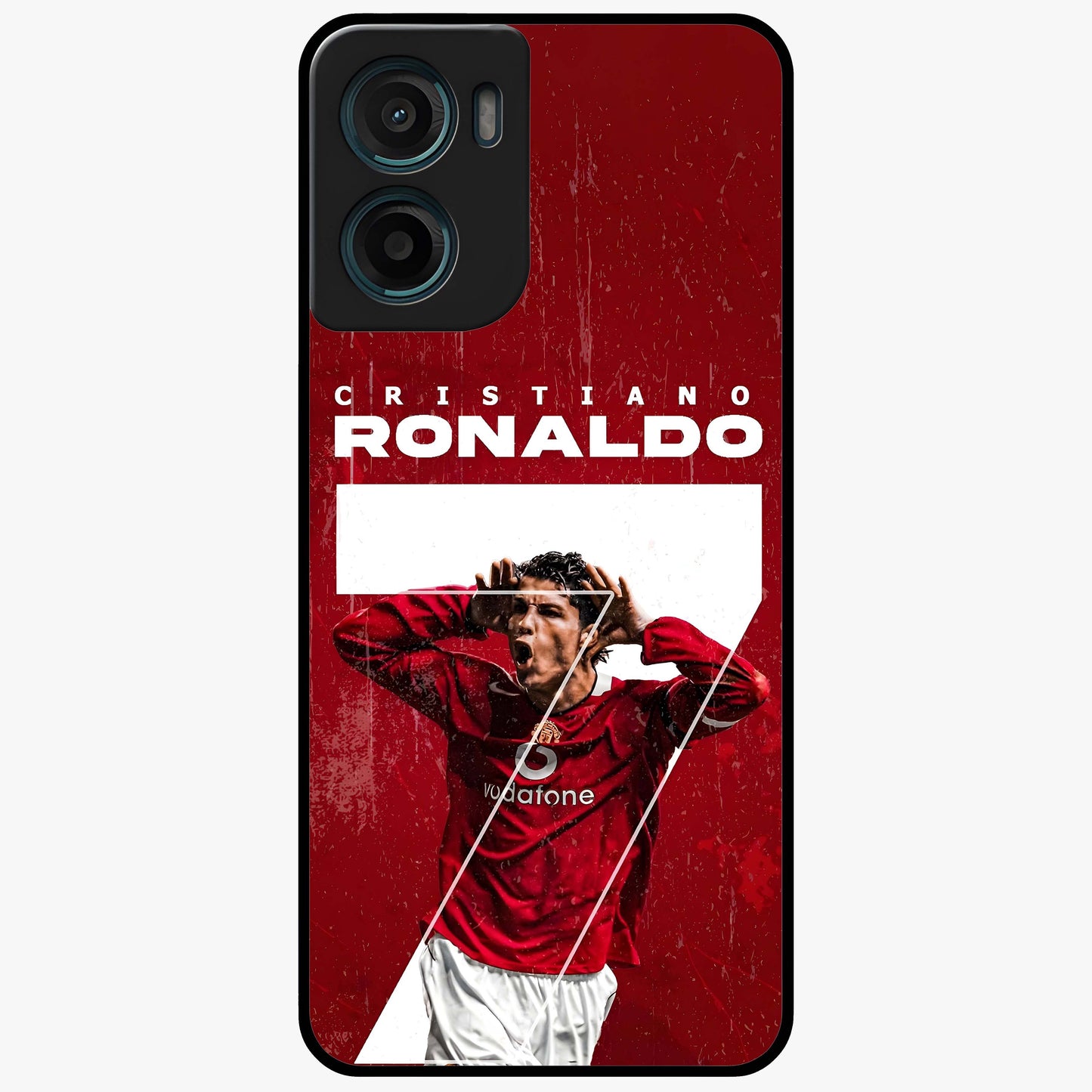 Goal Celebration Legacy Glass Case showing flat back view with football celebration inspired artwork and glossy glass finish.