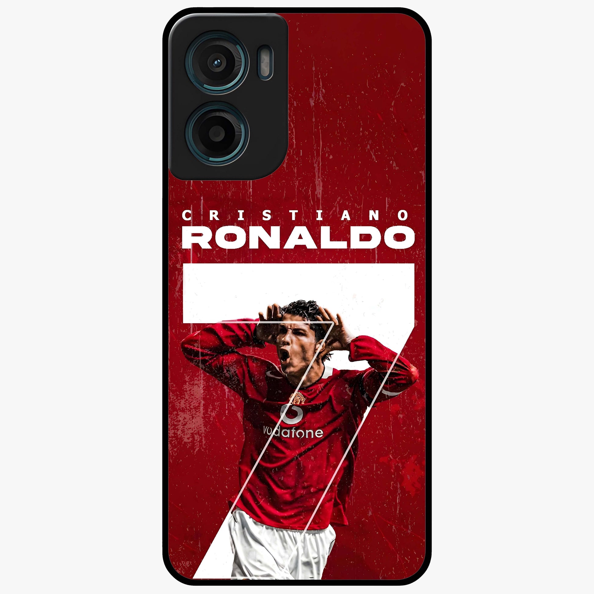 Goal Celebration Legacy Glass Case showing flat back view with football celebration inspired artwork and glossy glass finish.