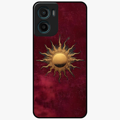 Gold Sun Blush Glass Case showing flat back view with golden sun inspired artwork and glossy glass finish.