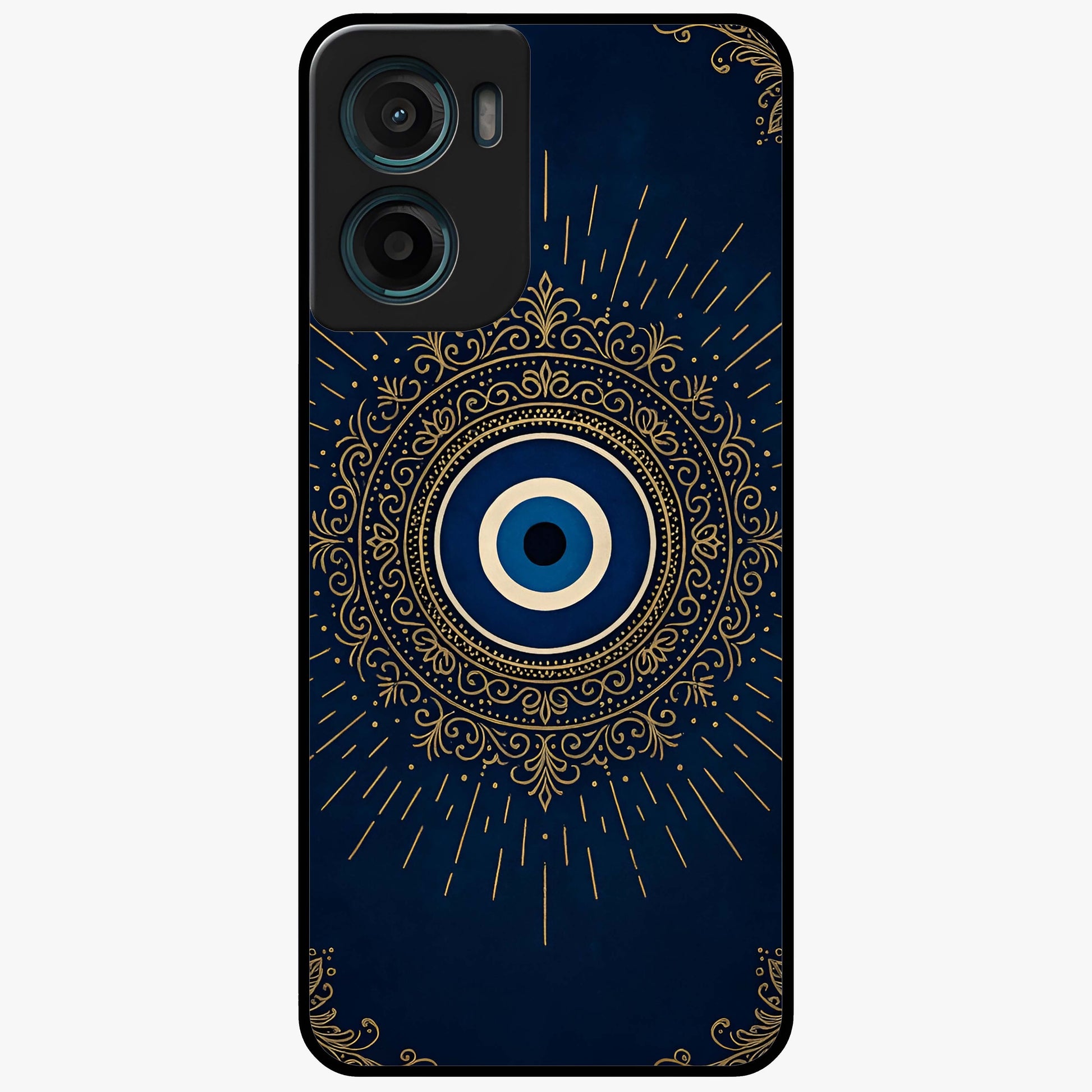 Golden Evil Eye Mandala Glass Case showing flat back view with intricate evil eye mandala artwork and glossy glass finish.