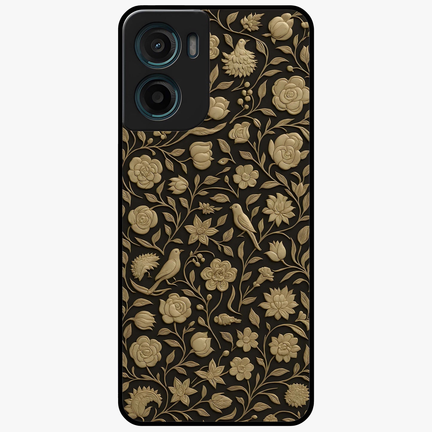 Golden Floral Majesty Glass Case showing flat back view with luxurious golden floral artwork and glossy glass finish.