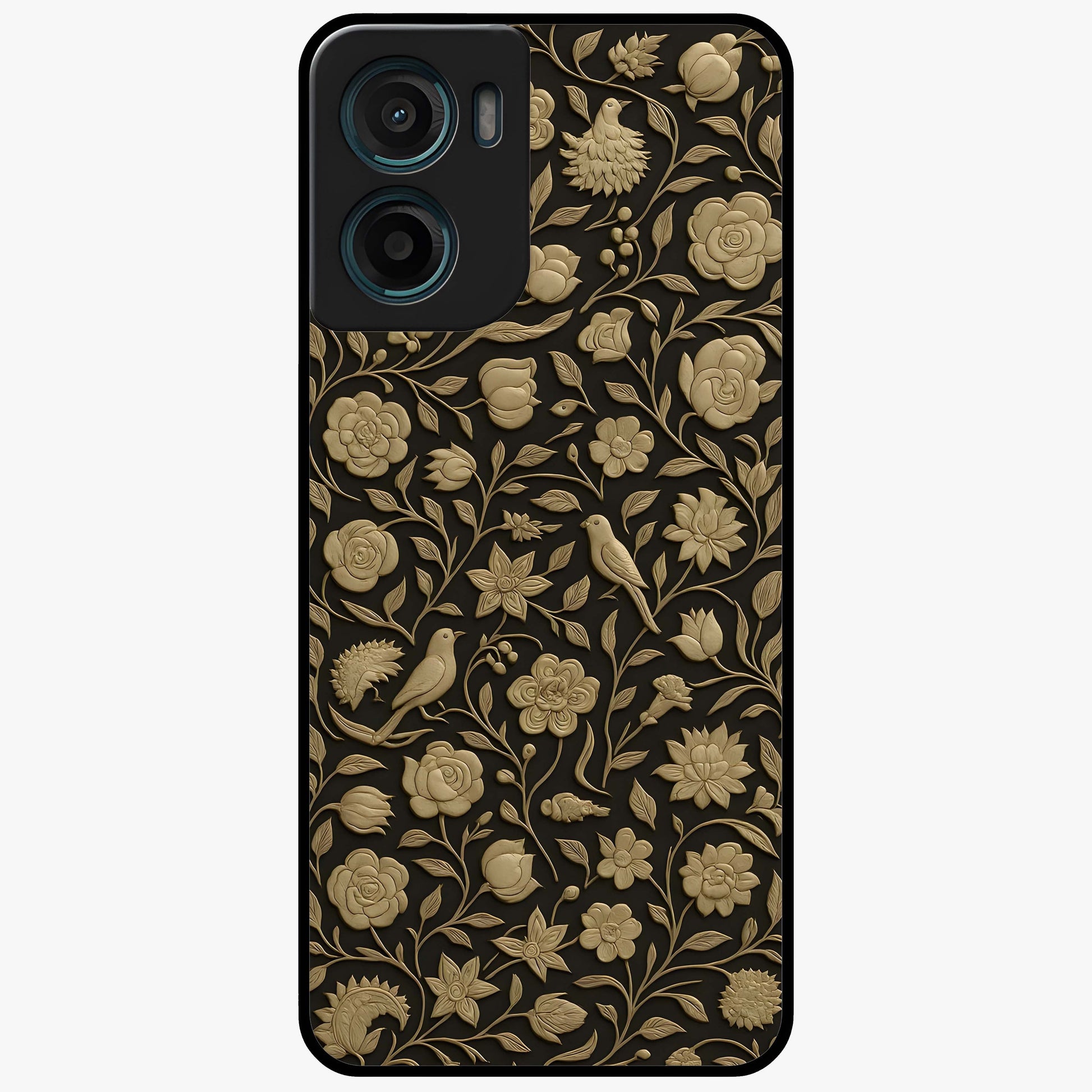 Golden Floral Majesty Glass Case showing flat back view with luxurious golden floral artwork and glossy glass finish.