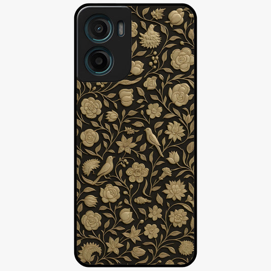 Golden Floral Majesty Glass Case showing flat back view with luxurious golden floral artwork and glossy glass finish.