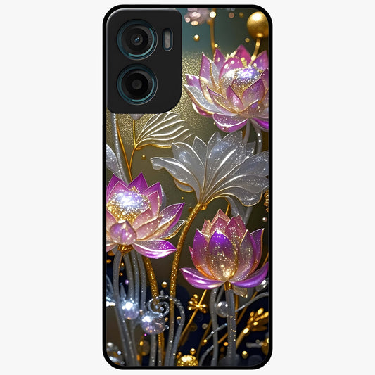 Golden Lotus Glow Glass Case showing flat back view with glowing lotus flower artwork and glossy glass finish.