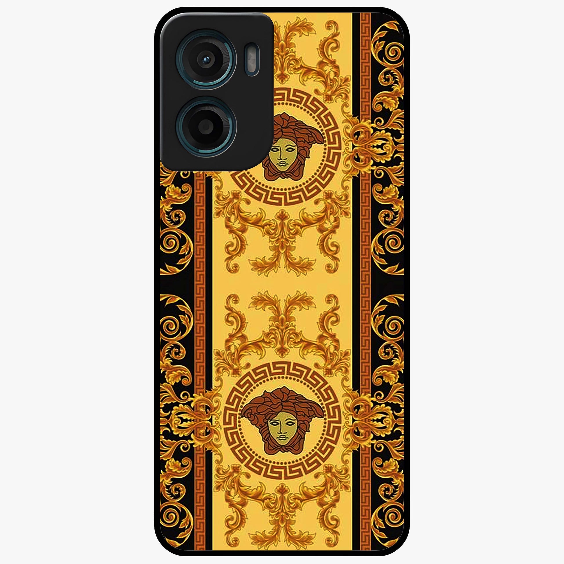 Golden Royal Heritage Glass Case showing flat back view with ornate royal pattern artwork and glossy glass finish.