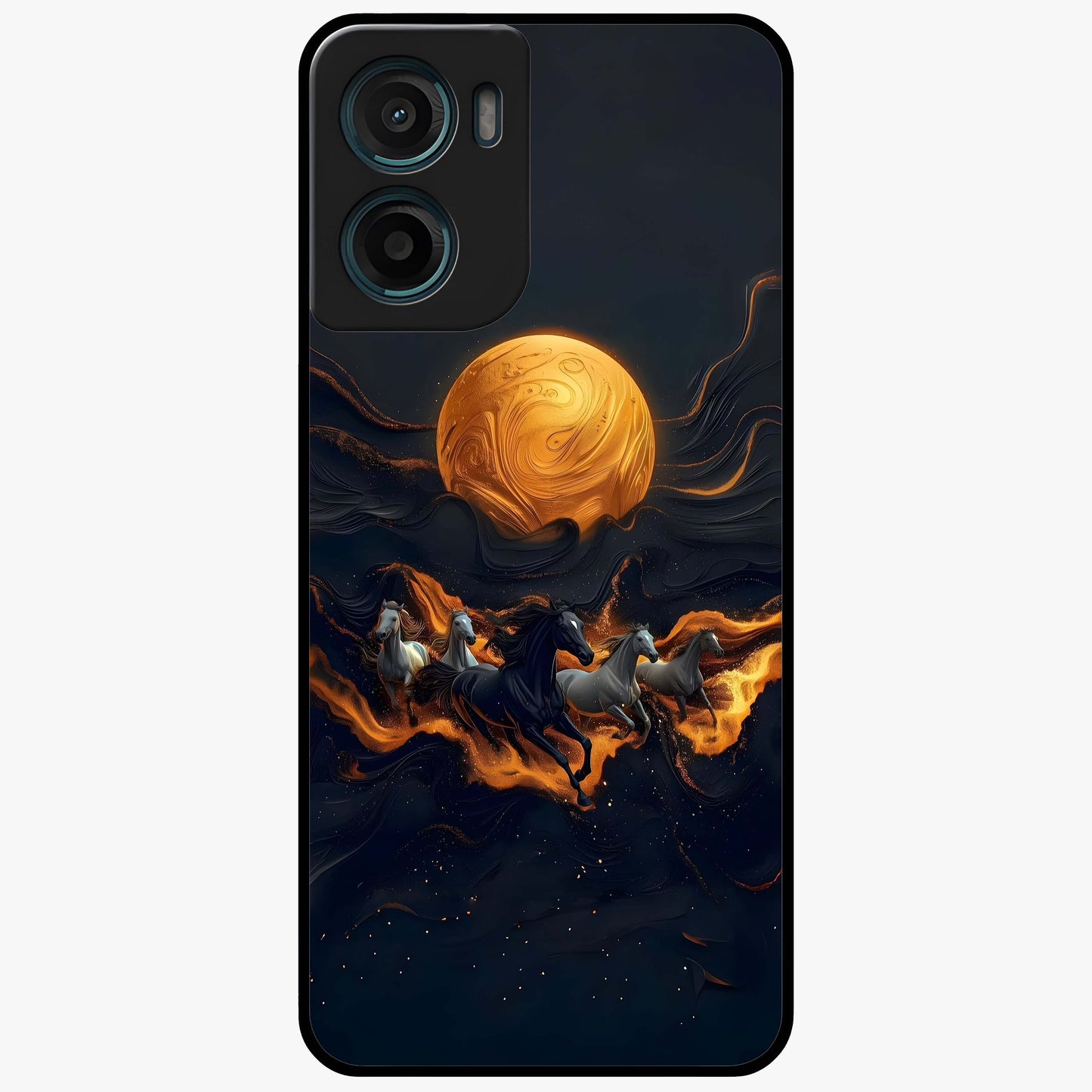Golden Stallion Moonride Glass Case showing flat back view with majestic horse under moonlight artwork and glossy glass finish.
