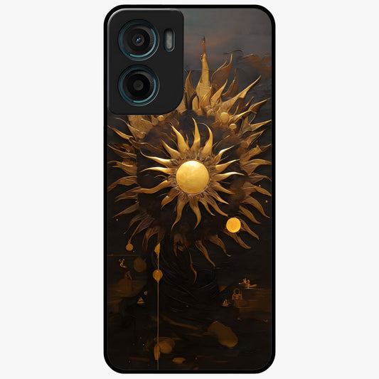 Golden Sun Majesty Glass Case showing flat back view with radiant golden sun artwork and glossy glass finish.