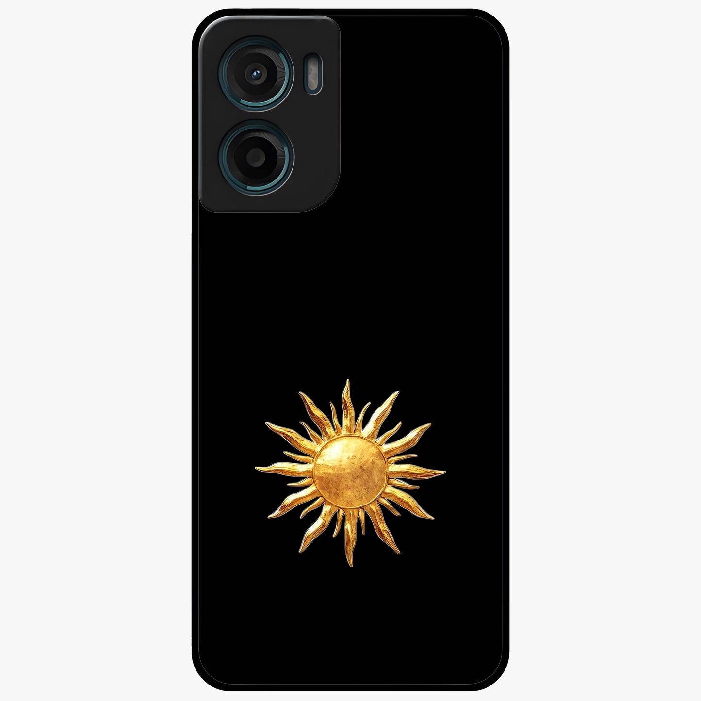 Golden Sun Minimalism Glass Case showing flat back view with minimal golden sun artwork and glossy glass finish.