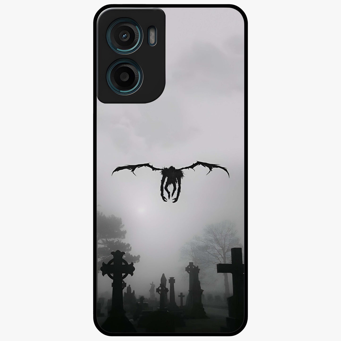 Graveyard Shadow Descent Glass Case showing flat back view with dark graveyard themed artwork and glossy glass finish.