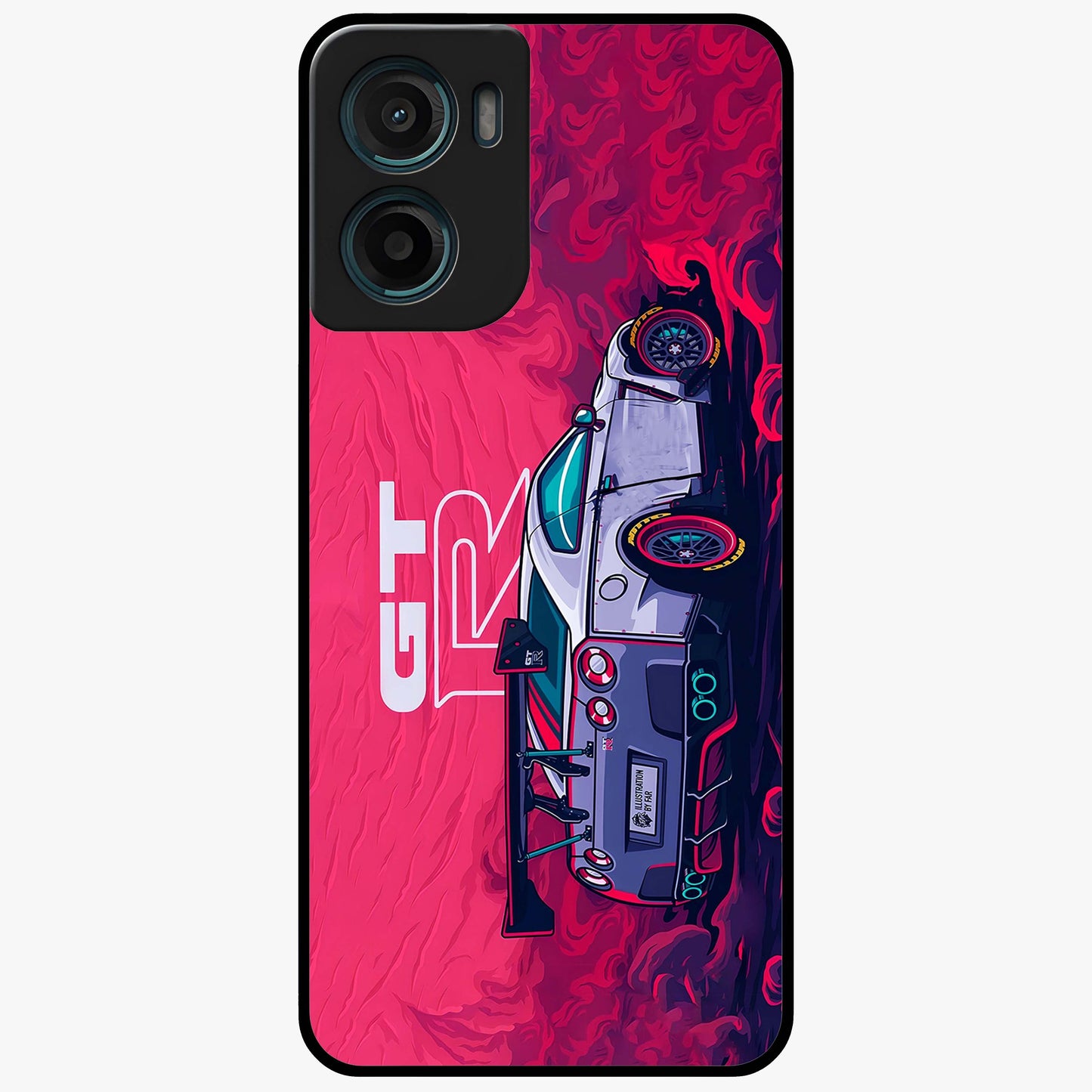 GT-R Car Pattern Glass Case showing flat back view with sporty car inspired pattern artwork and glossy glass finish.