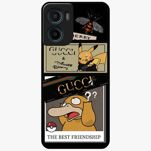 Gucci Play Mashup Glass Case showing flat back view with luxury inspired graphic artwork and glossy glass finish.