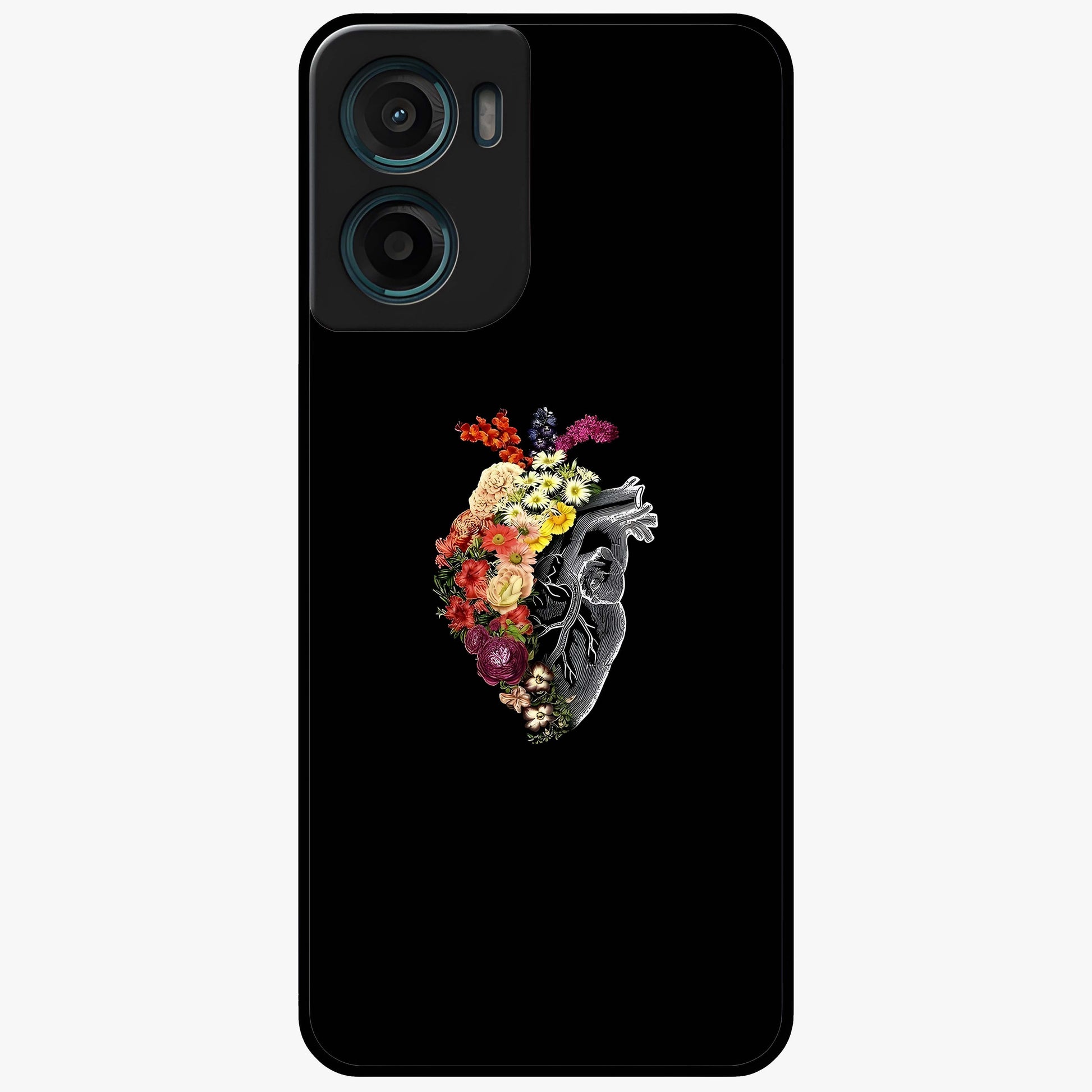 Heart With Flowers Glass Case showing flat back view with heart shaped floral artwork and glossy glass finish.