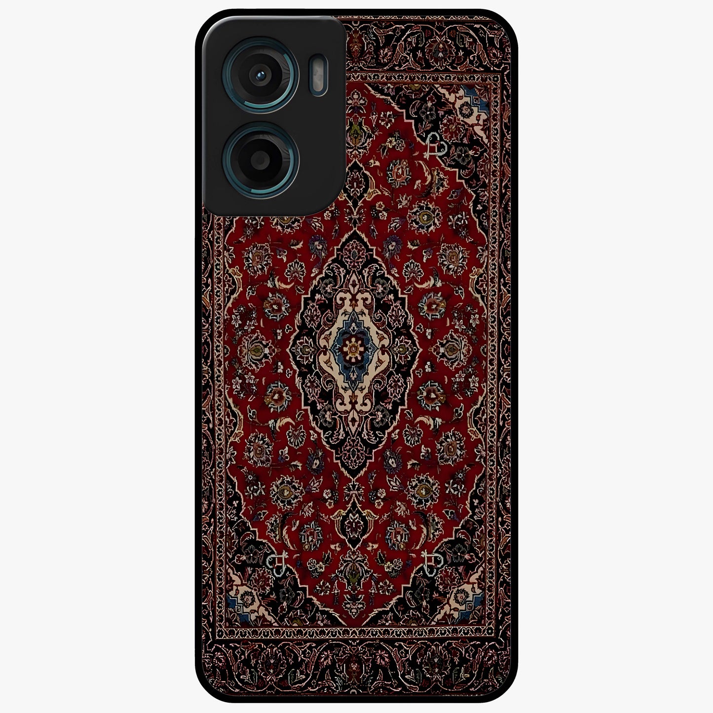 Heritage Carpet Royale Glass Case showing flat back view with ornate Persian carpet inspired pattern and glossy glass finish.