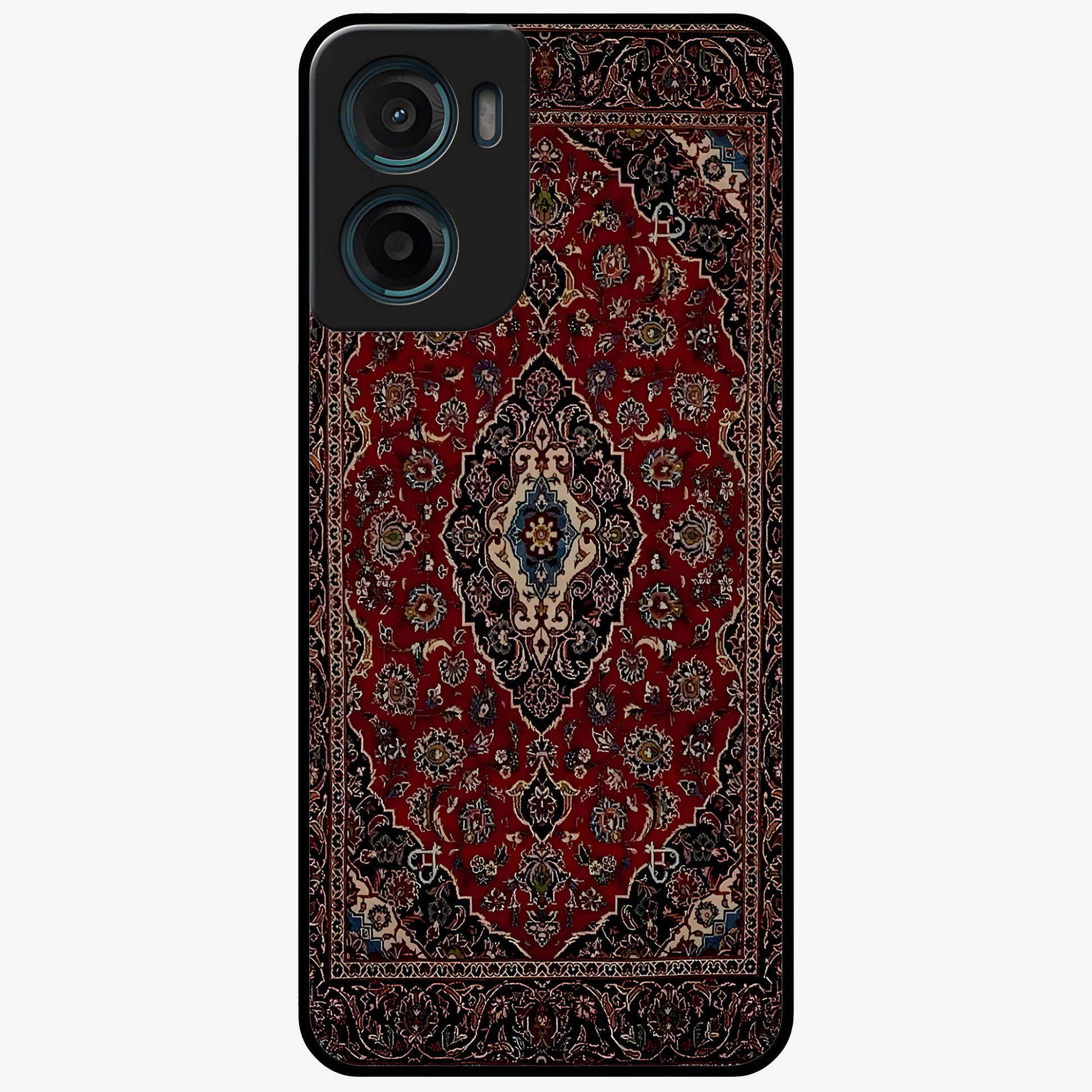 Heritage Carpet Royale Glass Case showing flat back view with ornate Persian carpet inspired pattern and glossy glass finish.