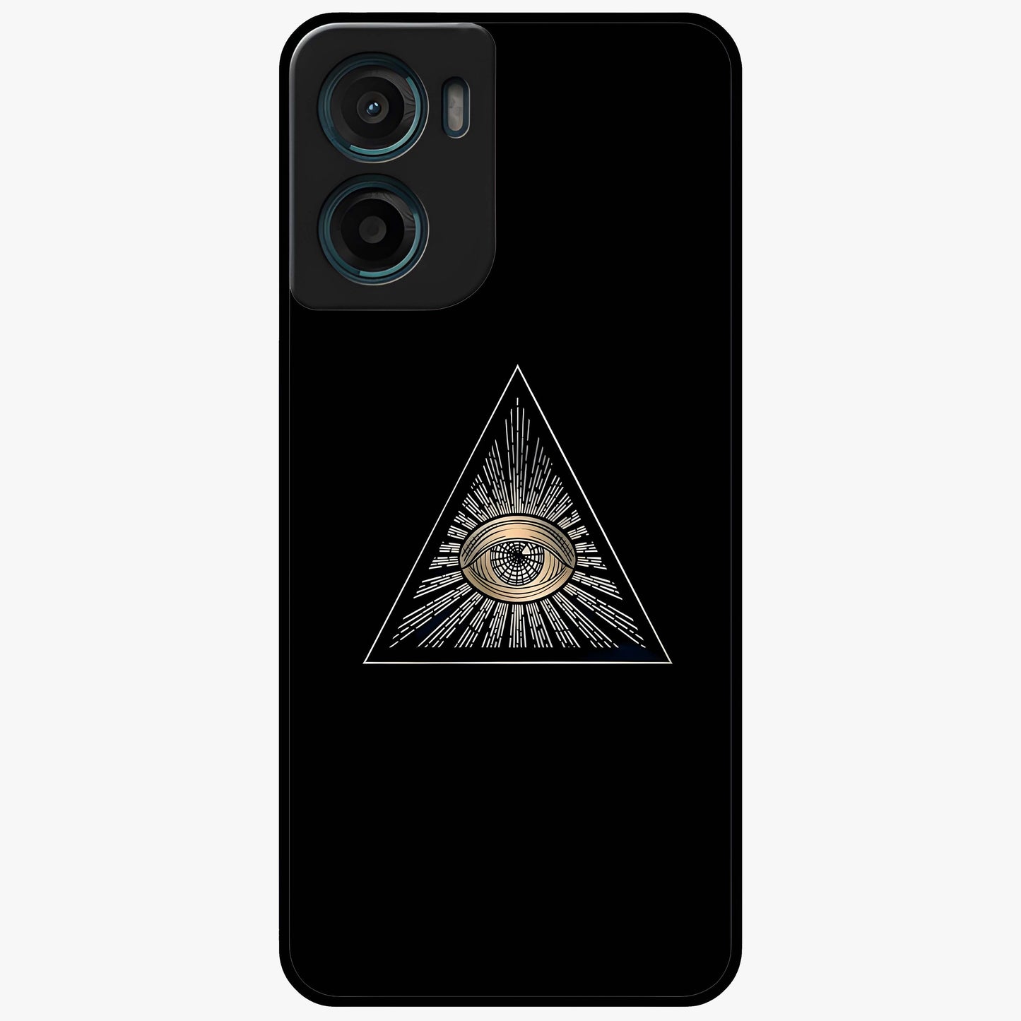 Illuminati Evil Glass Case showing flat back view with mysterious illuminati symbol artwork and glossy glass finish.