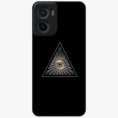 Illuminati Evil Glass Case showing flat back view with mysterious illuminati symbol artwork and glossy glass finish.