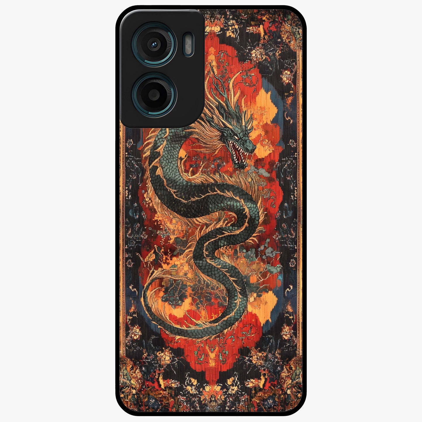 Inferno Dragon Soul Glass Case showing flat back view with fiery dragon artwork and glossy glass finish.