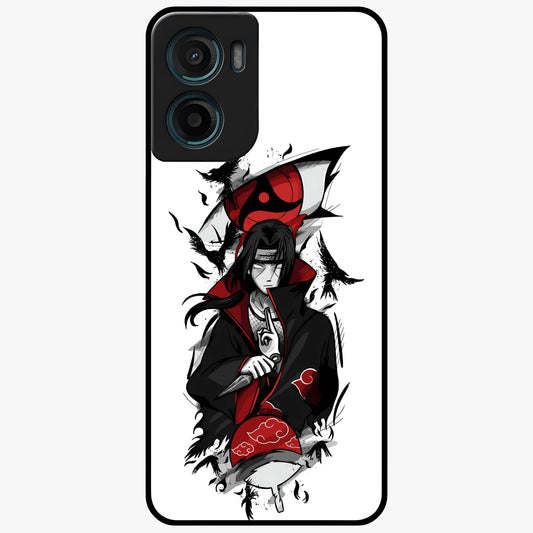 Itachi Sharingan Glass Case showing flat back view with powerful anime eye artwork and glossy glass finish.