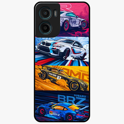 JDM Sports Car Glass Case showing flat back view with high performance sports car artwork and glossy glass finish.