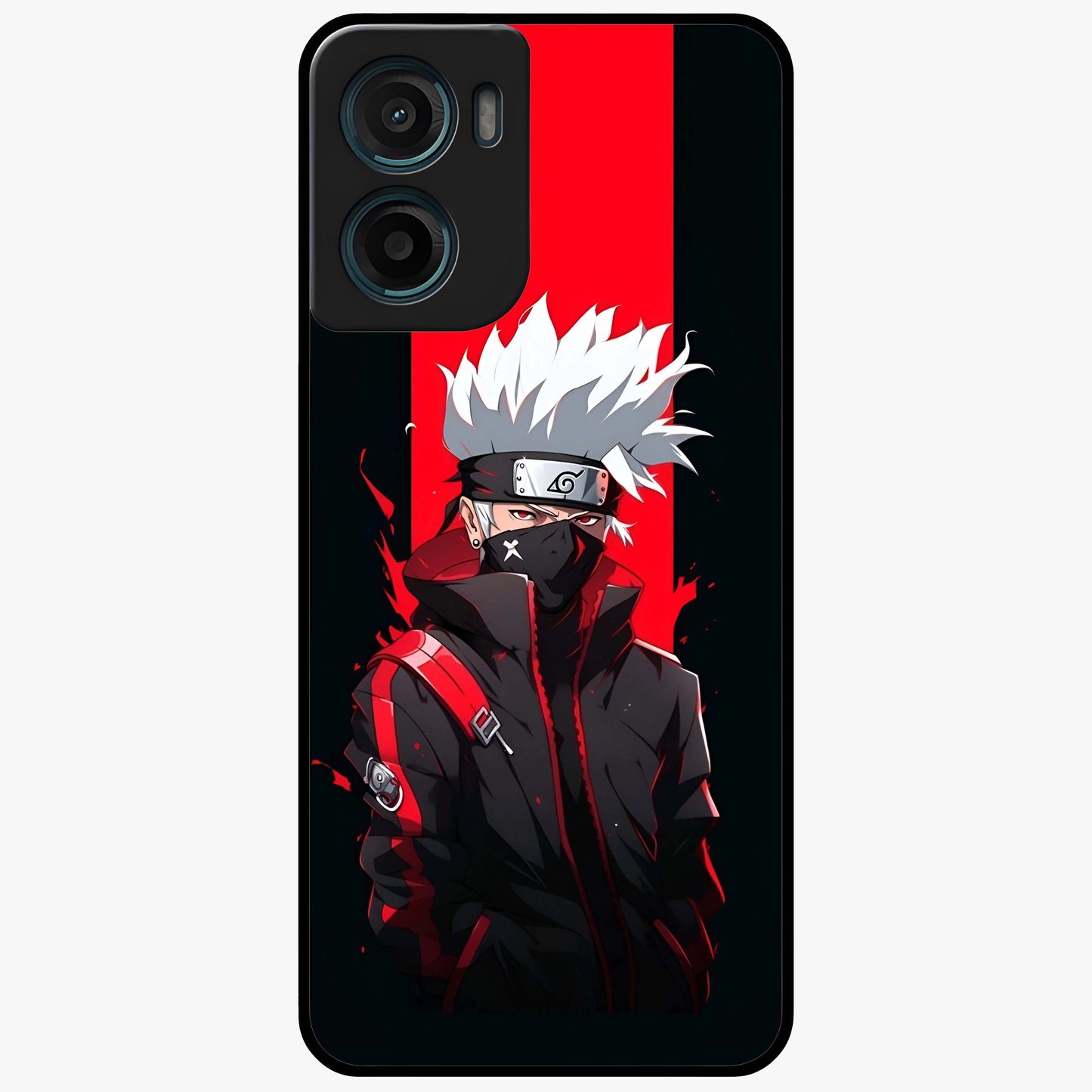 Kakashi Scarlet Shadow Glass Case showing flat back view with powerful anime ninja artwork and glossy glass finish.