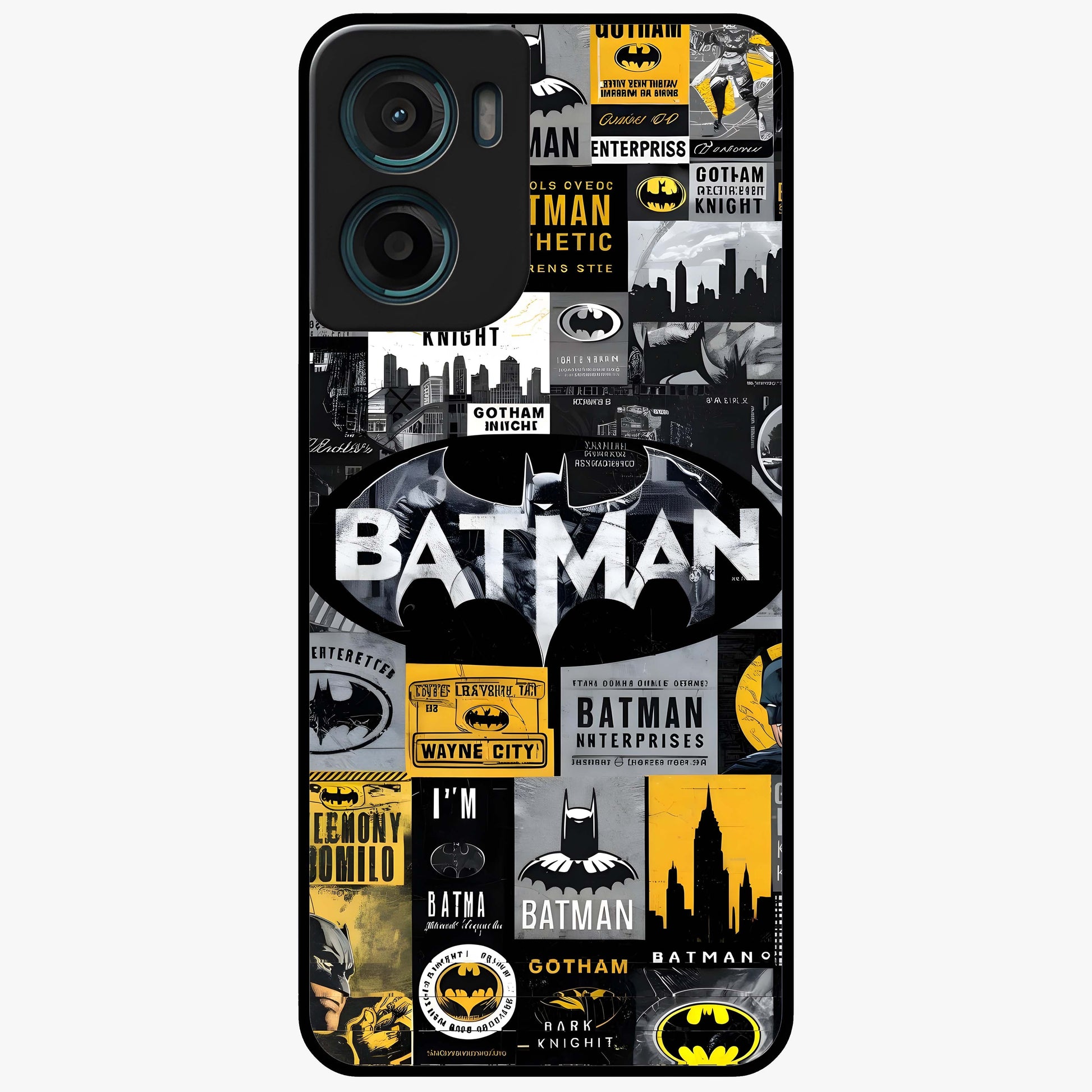 Knight Gotham Rise Glass Case showing flat back view with dark hero inspired artwork and glossy glass finish.