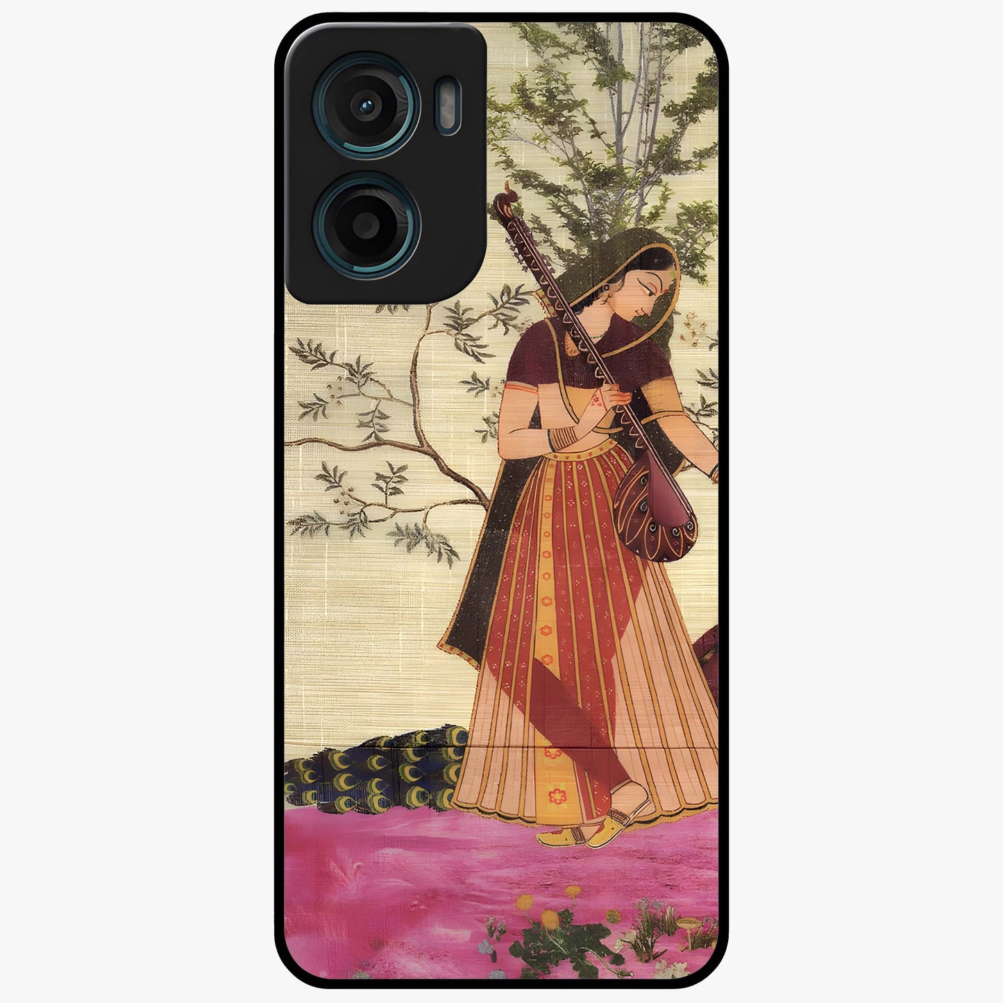 Lady With Veena Art Glass Case showing flat back view with elegant woman playing veena artwork and glossy glass finish.