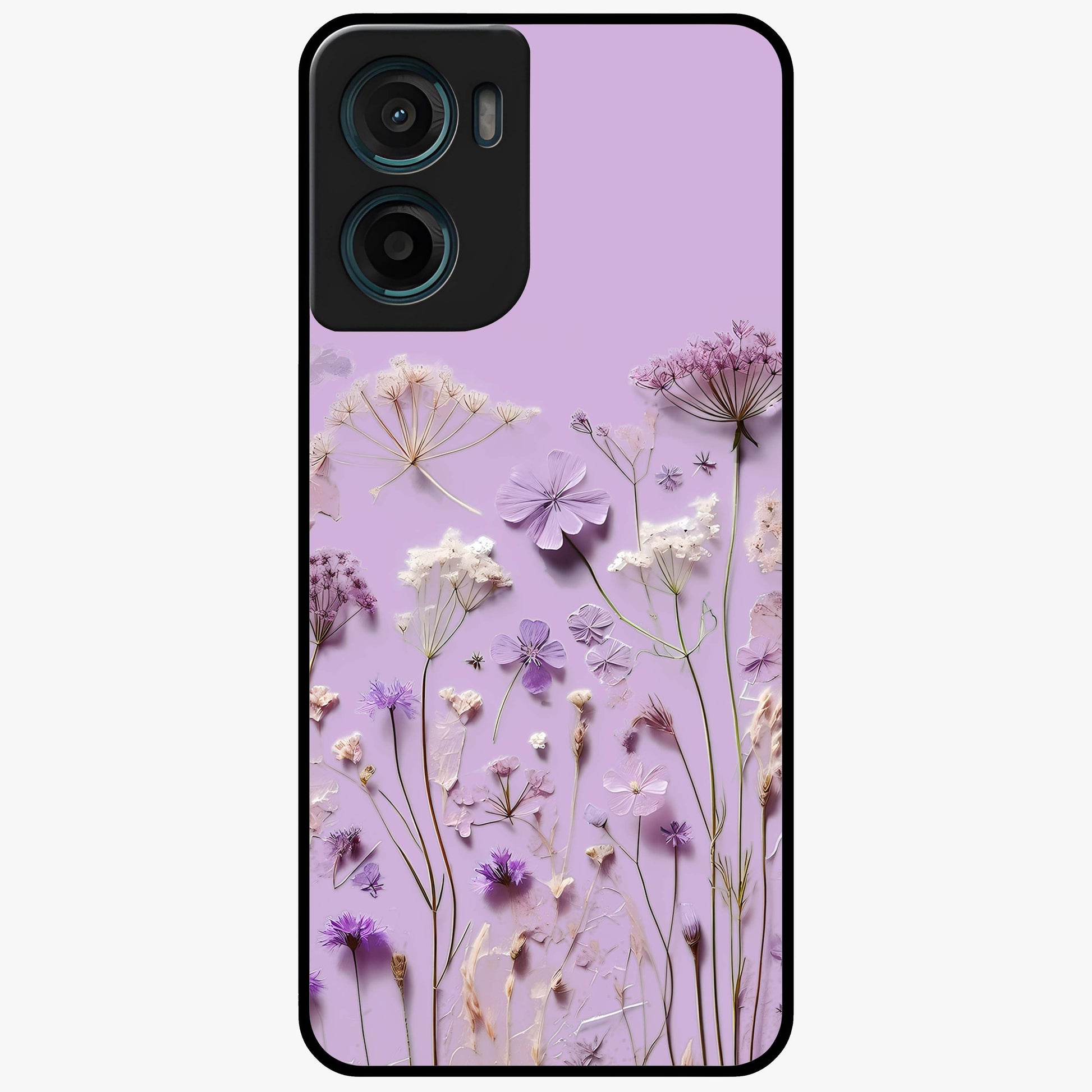 Lavender Blossom Dream Glass Case showing flat back view with soft lavender floral artwork and glossy glass finish.