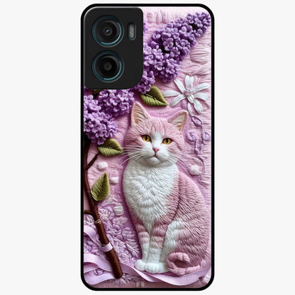 Lavender Cat Whimsy Glass Case showing flat back view with cute lavender cat artwork and glossy glass finish.
